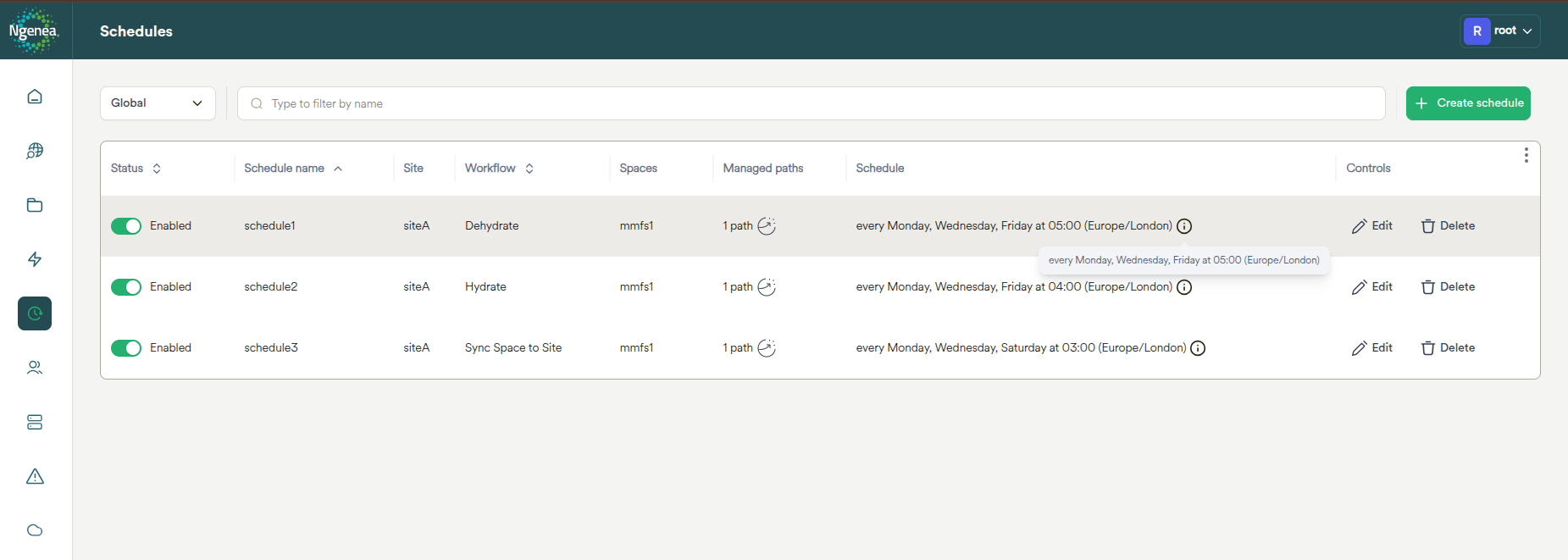 The Schedules page